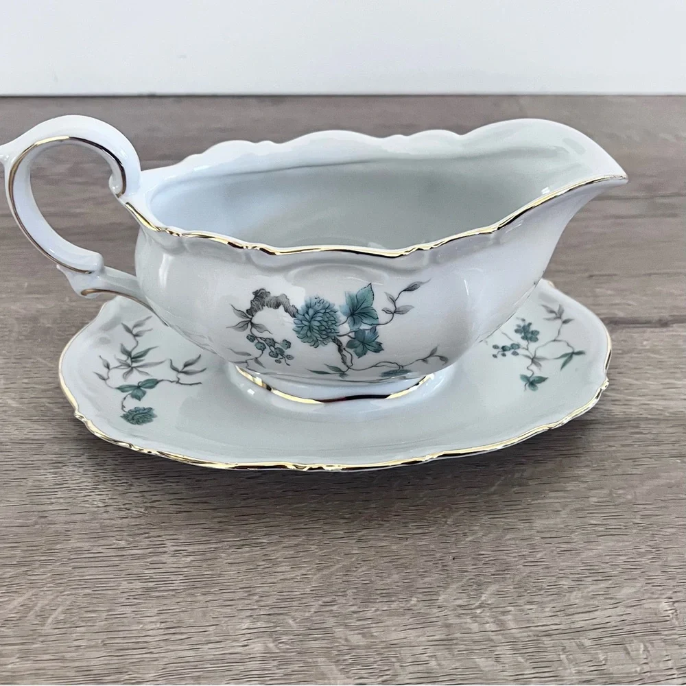 MITTERTEICH Bavaria Germany‎ - Green Ming - Gravy Boat Attached Underplate - Vtg